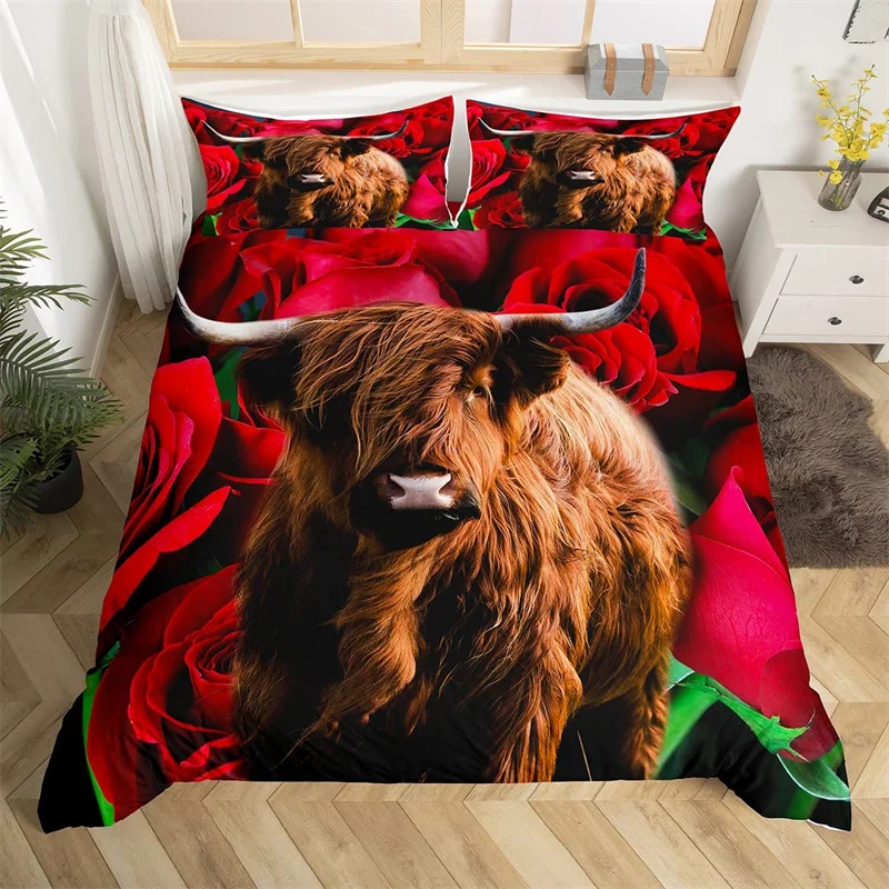 Highland Cow Bedding Set Farm Animal Duvet Cover Single King Queen Red Rose Comforter Cover Microfiber Romantic Floral Bed Sets