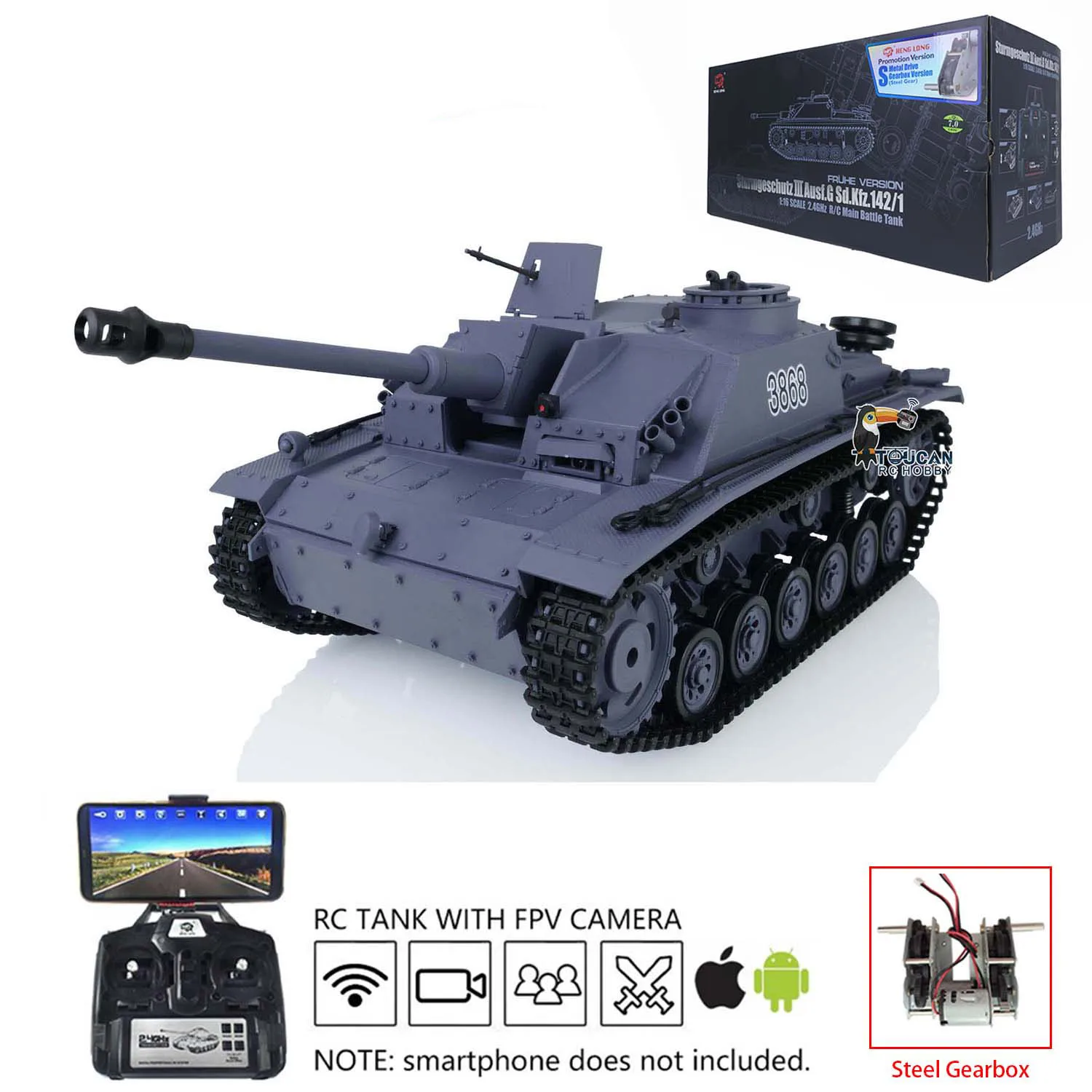 

FPV Heng Long 1/16 Scale 7.0 Plastic German Stug III RTR RC Tank 3868 Steel Gearbox BB Shooting Effect Toy TH17420-SMT5