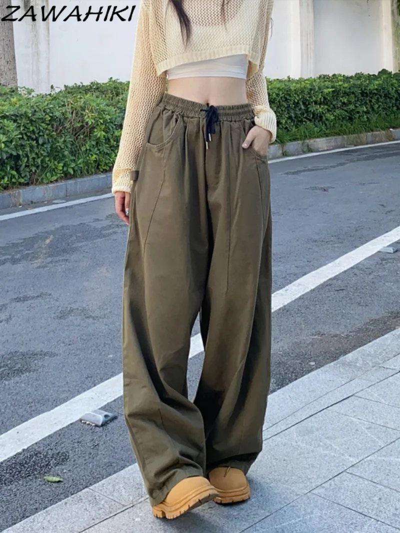 

Women Wide Leg Solid Cargo Pants Y2K Vintage Mid Waist Drawstring Joggers Pants Harajuku Casual Streetwear Baggy Trousers