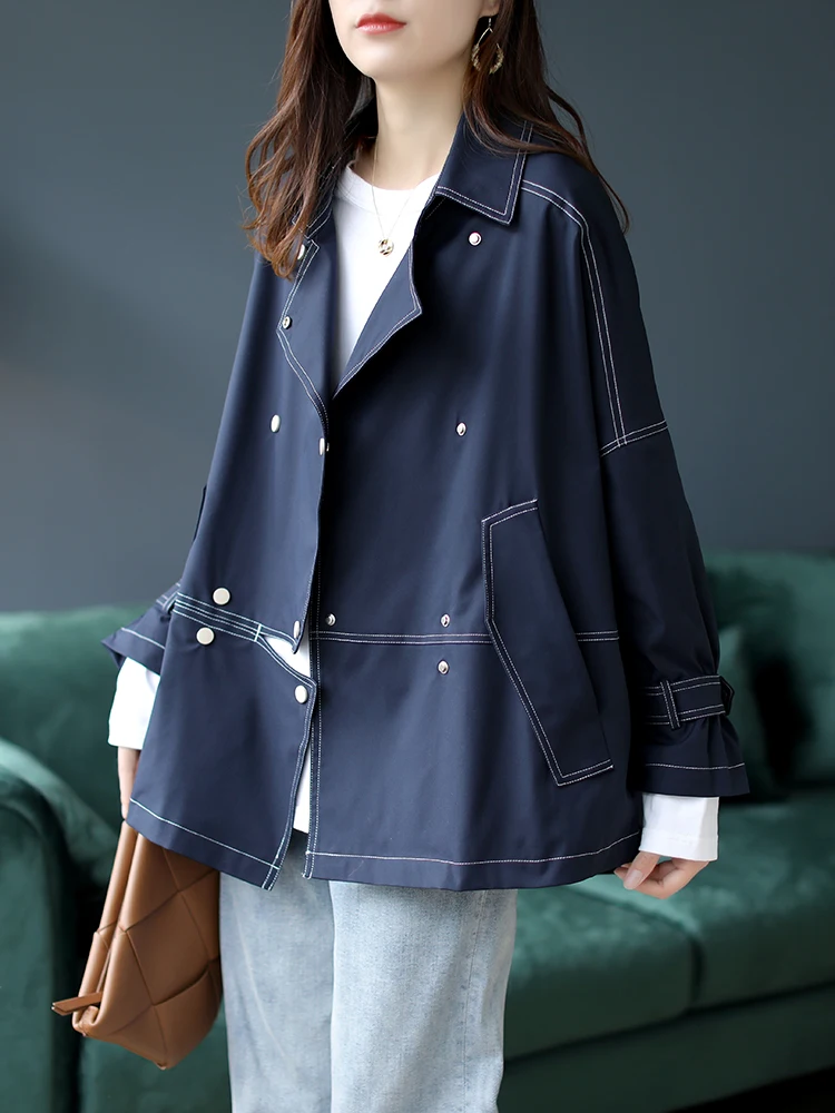 

2023 Spring Autumn Korean Large Size Loose Double breasted Workwear Short Windbreaker Coat Women Clothing Casual Jacket AC762