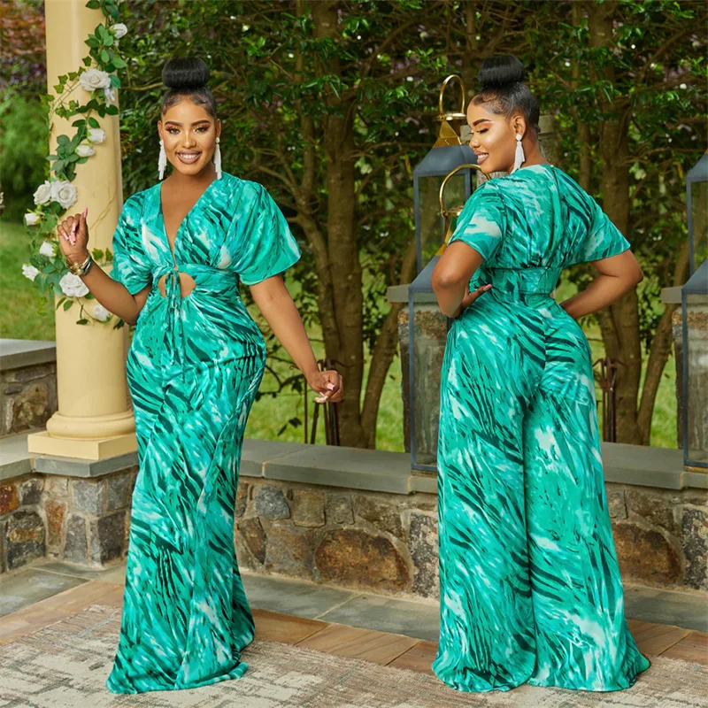 Znaiml Elegant V-neck Short Sleeve Cut Out High Waist One Piece Rompers for Women Club Print Loose Wide Leg Jumpsuit Overalls