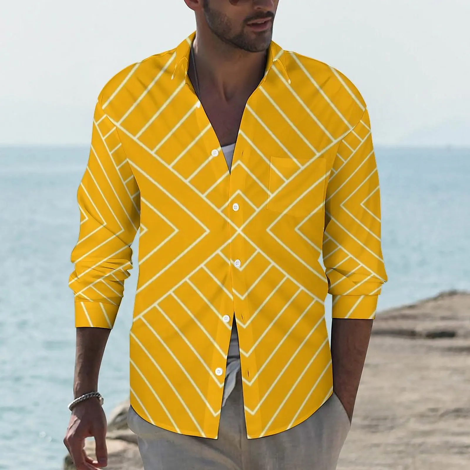 

Повседневные рубашки в скандинавском стиле для мужчин, желтая рубашка в стиле арт-деко, модные стильные блузки с длинным рукавом, Весенняя Д...