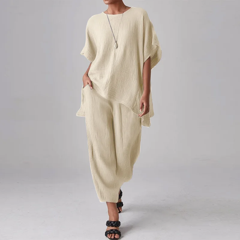 

Retro Cotton Linen Women Two Piece Sets Casual O-neck Short Sleeved Pullover + Long Pants Suits Summer Streetwear Loose Outfits