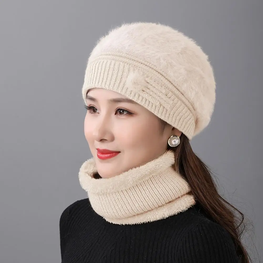 

2Pcs/Set Trendy Breathable Hat Neckerchief Windproof Thickened Plush Lining Warm Women Beret Cap Neck Warmer Cold Resistant
