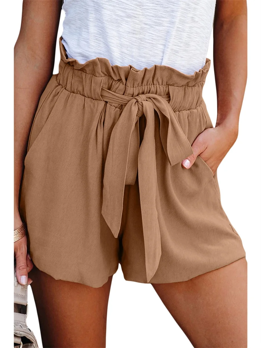 

Women\u2019s Summer Casual Loose Short Pants Fashion Solid Color Tie-up Elastic High Waist Shorts