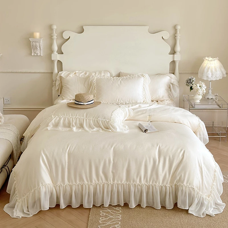 

Champagne French Style Princess Natural Lyocell Fibre Soft Silky Bedding Set Lace Ruffles Duvet Cover Set Bed Sheet Pillowcases