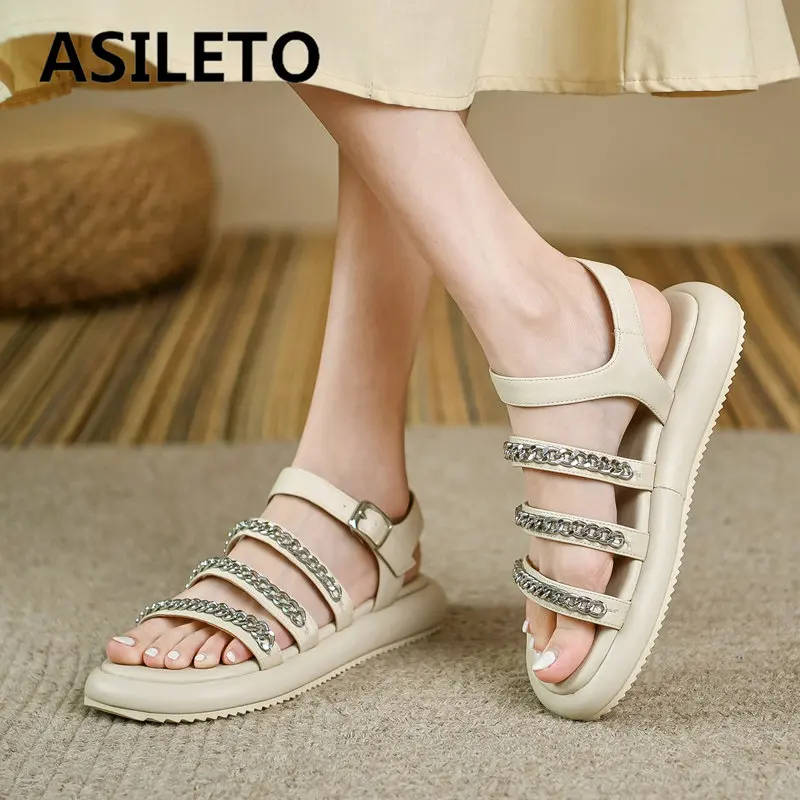 

ASILETO Brand Women Sandals Round Toe Flats Buckle Strap Chain Big Size 40 41 42 Soft Comfortable Concise Daily Ladies Shoes
