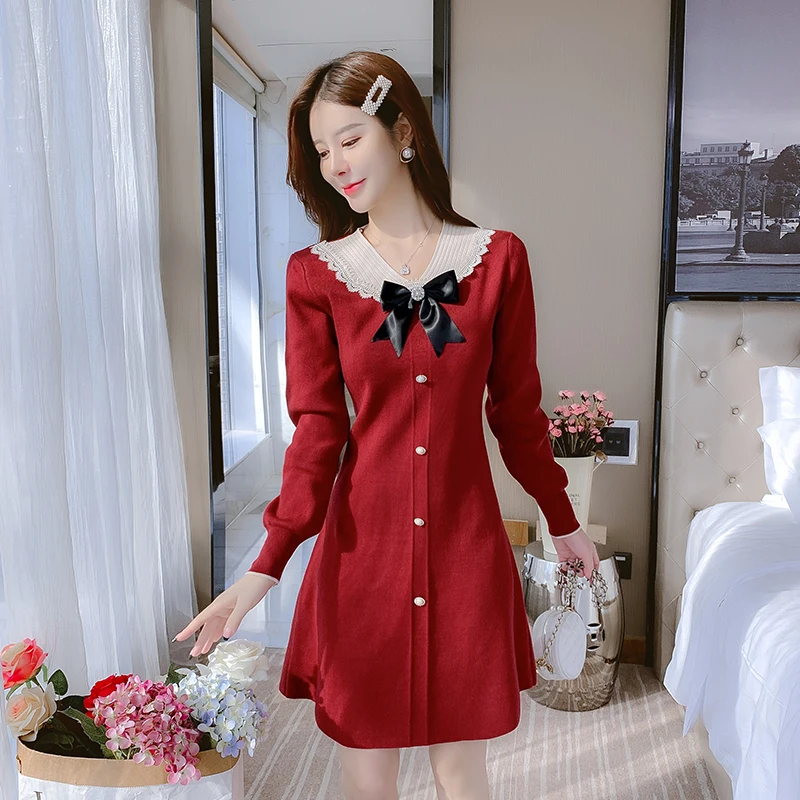 

Осень/Зима 2022 красное модное вязаное платье-свитер в иностранном стиле женские зимние платья для женщин 2022 элегантное черное платье