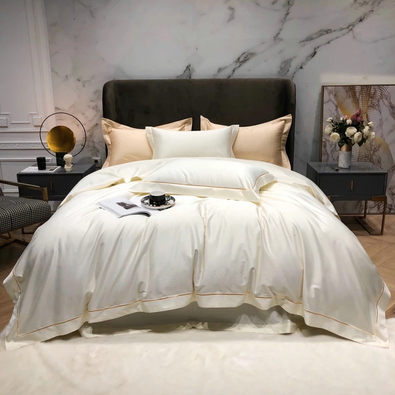 

2023 длинные степлерные хлопковые вышитые однотонные четырехкомпонентные постельные принадлежности для дома всесезонные универсальные роскошные белые постельные принадлежности