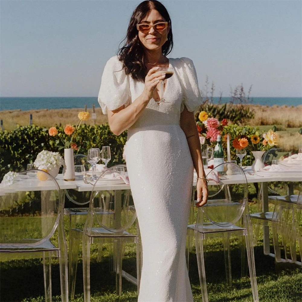 Женское свадебное платье с глубоким V-образным вырезом и рукавами-фонариками