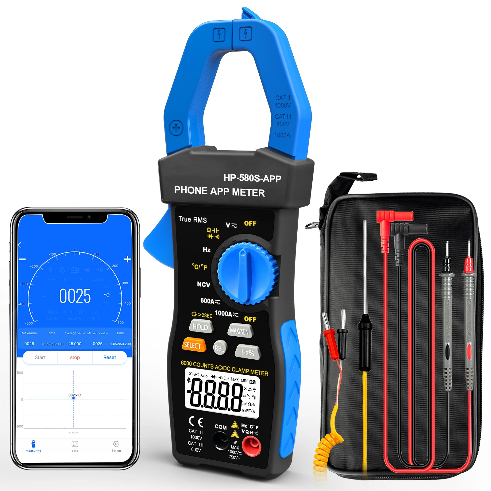 Holdpeak Hp580s-app Contagens do Medidor 6000 da Braçadeira com o Valor Eficaz do Rms Verdadeiro do Aplicativo do Telefone Luz Traseira do Lcd do Verificador da C.c. da C.a. Ncv