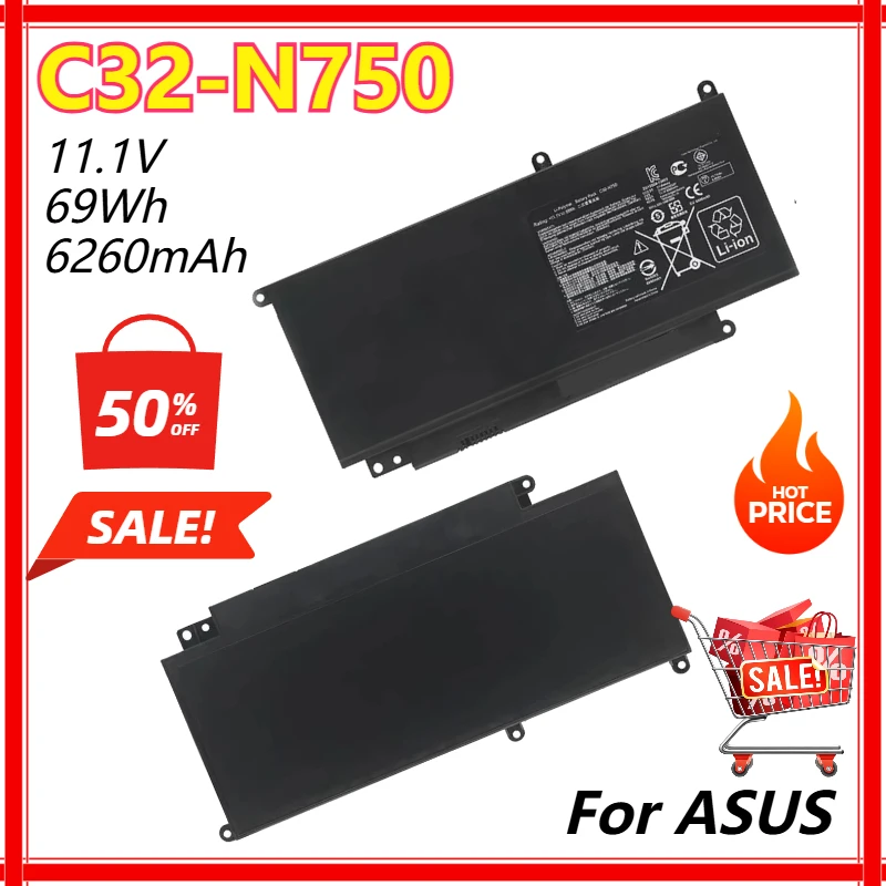 Фото C32-N750 Аккумулятор для ноутбука ASUS N750 N750J N750JV N750JK N750Y47JK-SL N750Y47JV-SL 11,1 В 69 Втч 6260 мАч Сменный аккумулятор №1