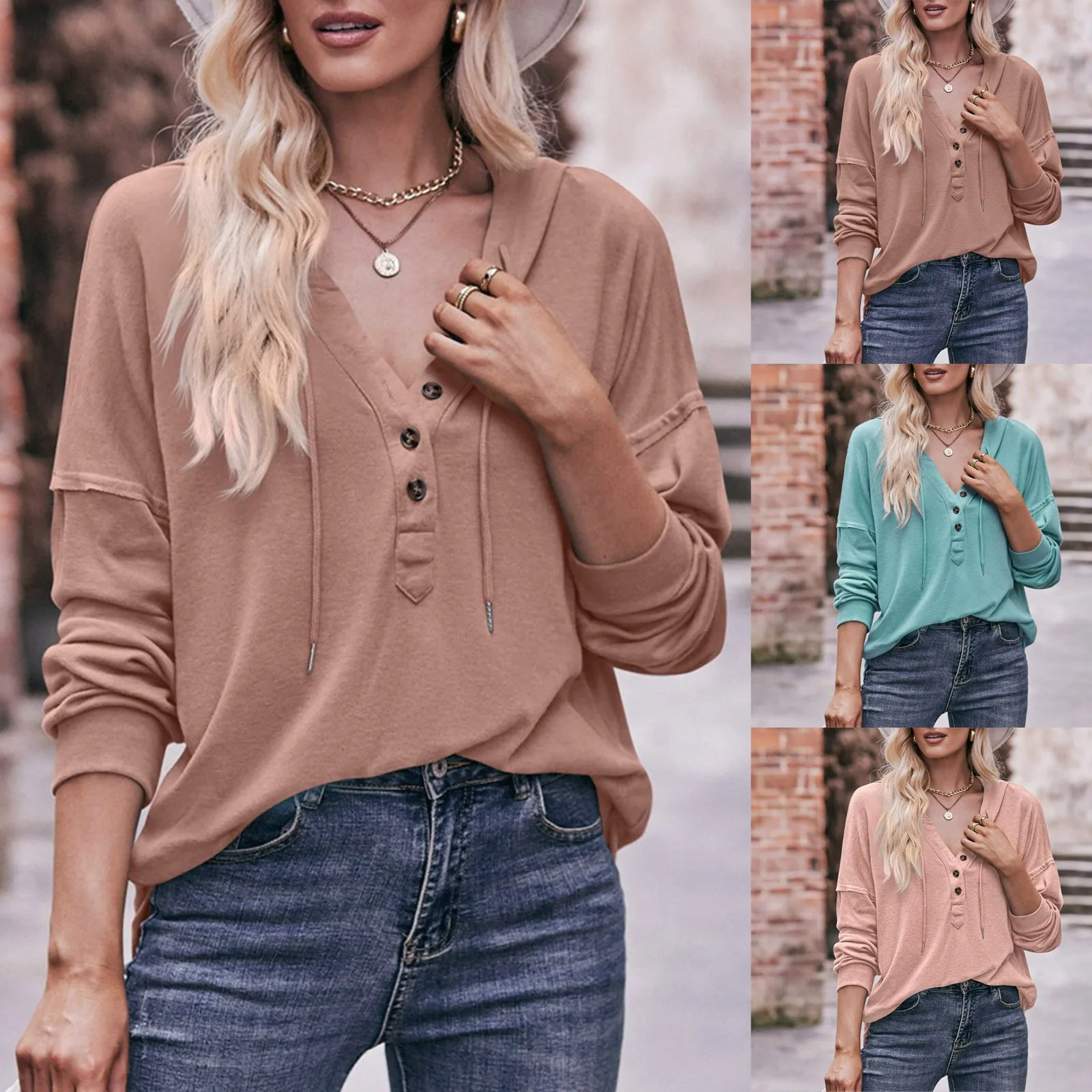 

Womens Plus Hoodies Pullover Women'S Sweatshirts Hoodies Drawstring Deep V Neck Button Down Sweatshirt Loose Casual Spring Tops