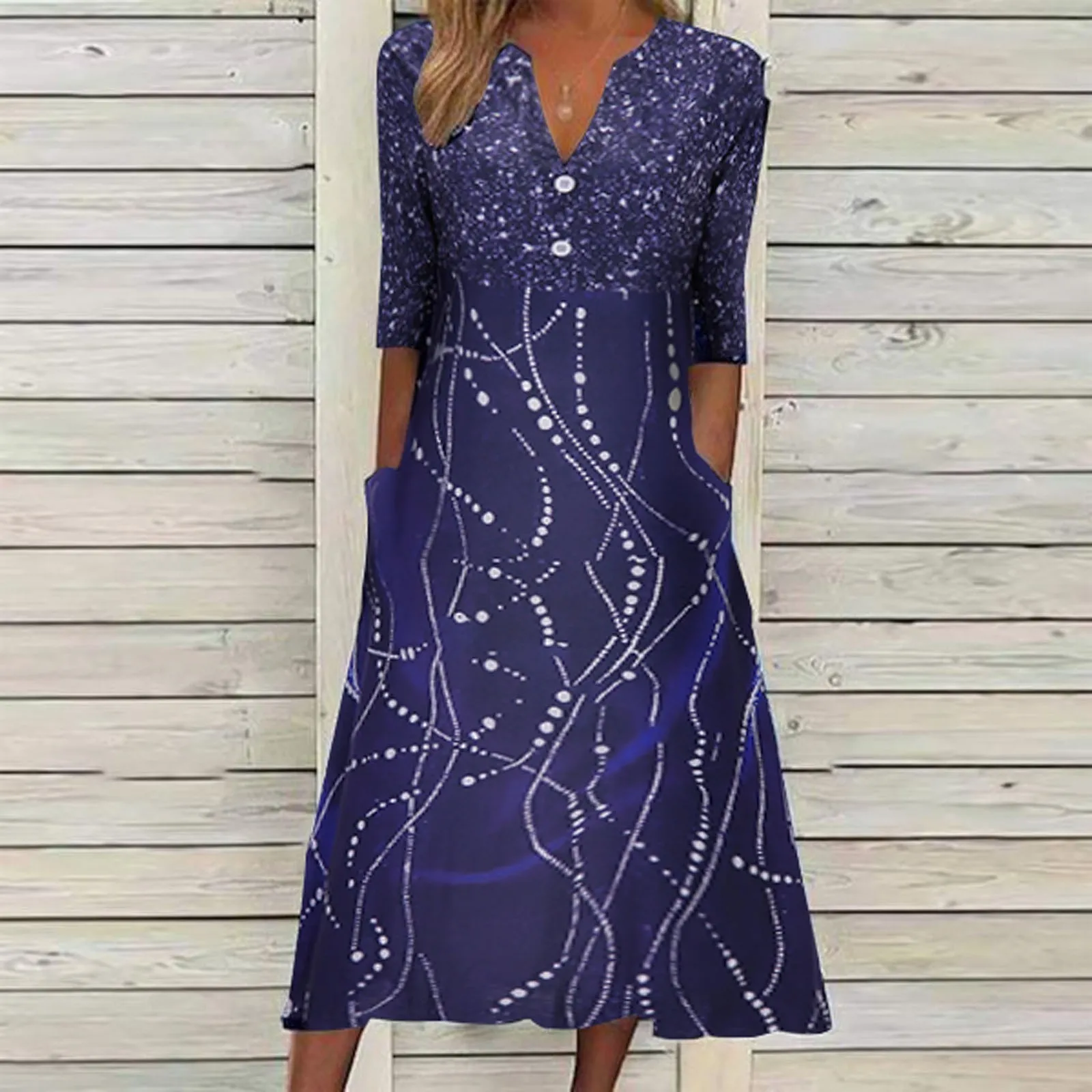 

Summer Vintage Long Dress Women Casual Stripe Button V Neck Short Sleeve Pocket Holiday Dress Party Beach Sundress Midi Dress