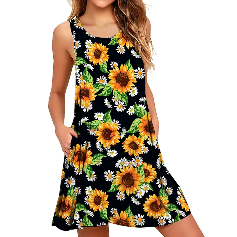 

2023 Summer Colorful Floral Print Stripes Women Loose And Comfortable Dress Sleeveless O-Neck Casual Rich Patterns Trend Beach