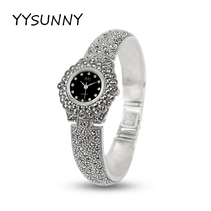 Enlarge YYSUNNY Fashion Round Quartz Wrist Watch Classic S925 Sterling Silver Bracelet Elegant Jewelry Birthday Party Gift