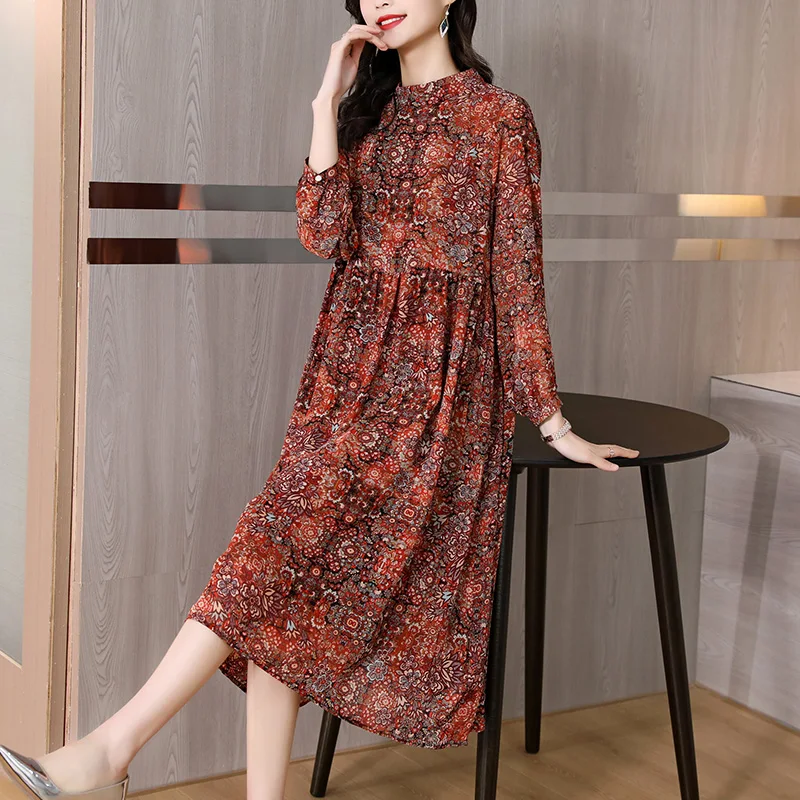 

2022 Red Floral Chiffon Light Midi Dress Spring Summer Korean Vintage Casual Dress Women Long Sleeve Elegant Loose Waist Dresses