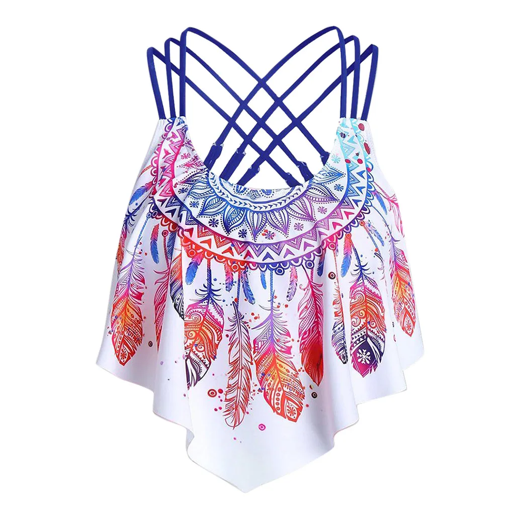 

2022 Women Push Up Swimwear Tops Overlay Flounce Crisscross Tankini Feather Print Strappy Padded Swim Top Swimsuit Beach Bikini