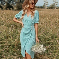 2022 summer new v neck short sleeve single breasted long print dress ruffle sleeve pleated sexy party dresses casual gown maxi