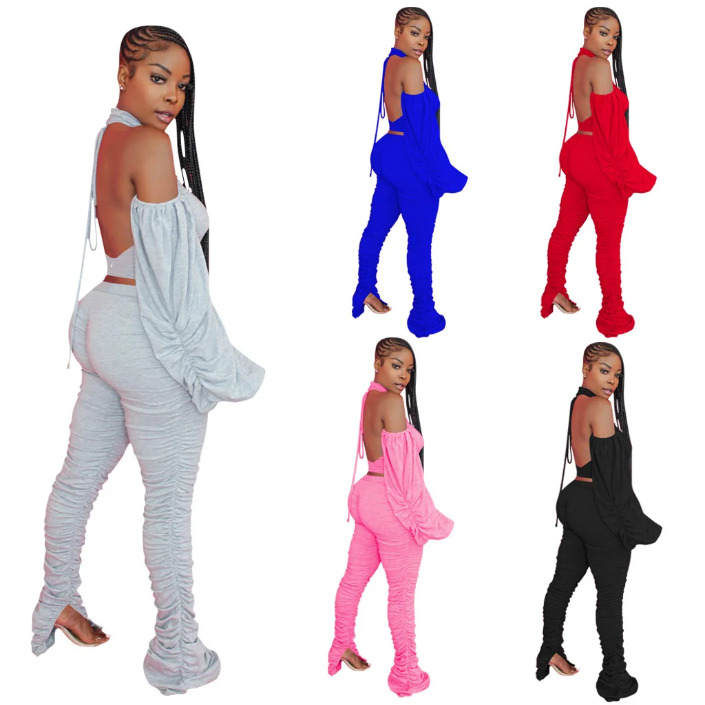 

Backless Sexy 2 Pieces Set Halter Turtleneck Lantern Sleeves Top and Stacked Long Pants Club Party Sexy Wear Women Fall Clothes