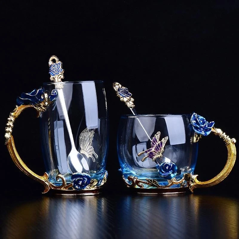 

Эмалированная кофейная чайная чашка кружка цветочные чайные стеклянные чашки для горячих и холодных напитков чайная чашка набор ложек идеальный свадебный подарок кружка фу