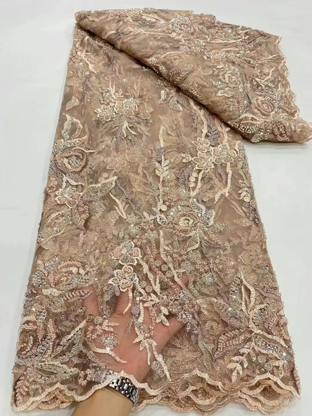 

African Lace Fabric 2023 High Quality French 3D Luxury Sequins Embroidery Beads Tulle Lace Fabric For Party Dress QX58A