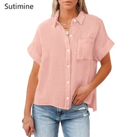 summer shirt women blouses casual short sleeve tops office ladies button up shirts turn down collar solid color top blusas mujer