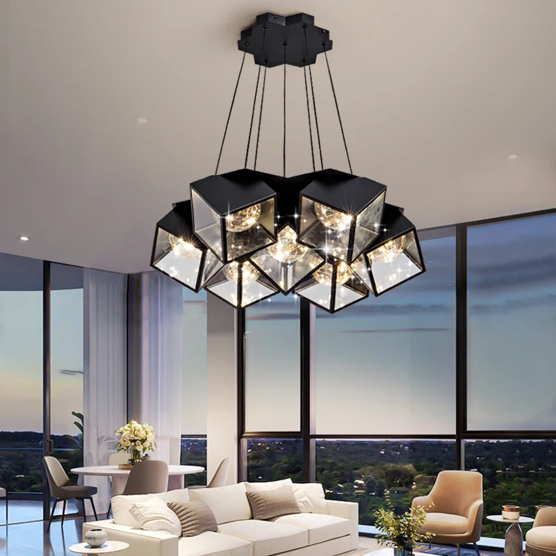 

Modern Light Luxury Glass Chandelier for Living Room Decoration Black White Built-In LED Copper Wire Square Ceiling Chandelier
