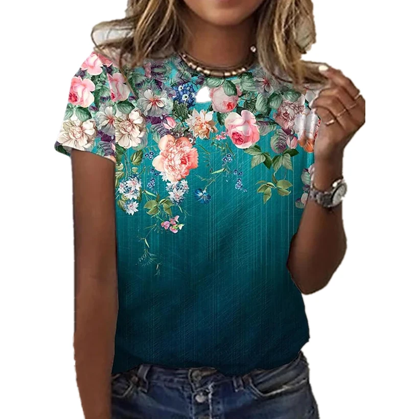

Summer 2022 New Women's Rose Flower Pattern Printing Tshirts Butterfly Short-sleeved Fashion Casual Plus Size 3d Floral Tops