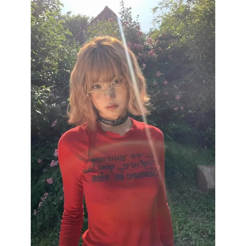 Новая американская Ретро футболка с длинным рукавом базовый красный женский