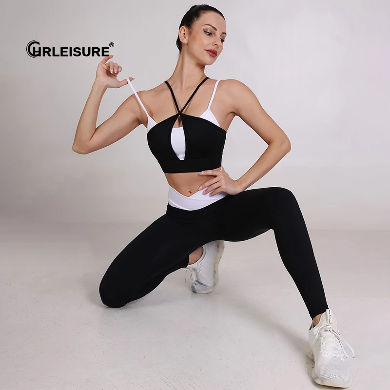 

CHRLEISURE Seamless Yoga Set Women Gym Workout Tracksuit Sports Suits Shockproof Crop Bra High Waist Fitness Leggings Sportswear