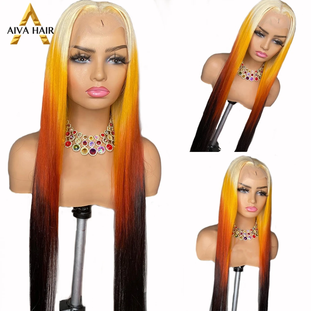 

Honey Blonde Synthetic Wig Transparent Straight 30Inch Ombre Color 13X4 Lace Front Ginger Orange Drag Queen Wigs For Black Women