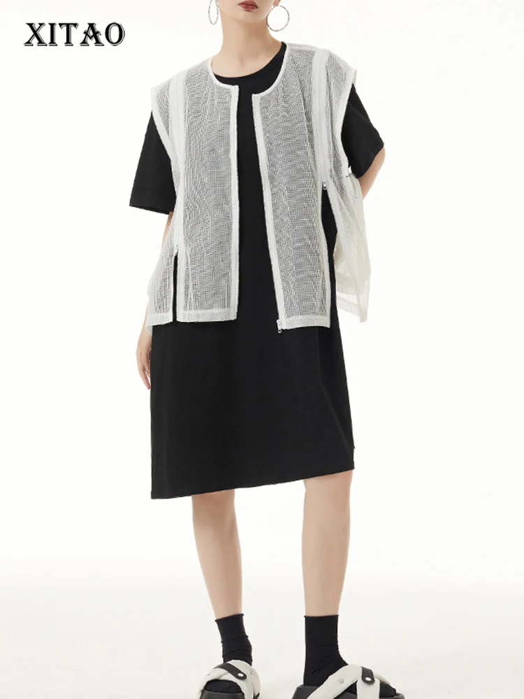 

XITAO Casual Solid Hollow Out Dress Women Personality Fashion Loose O-neck Short Sleeve Dress Korea 2023 Summer New DMJ1765