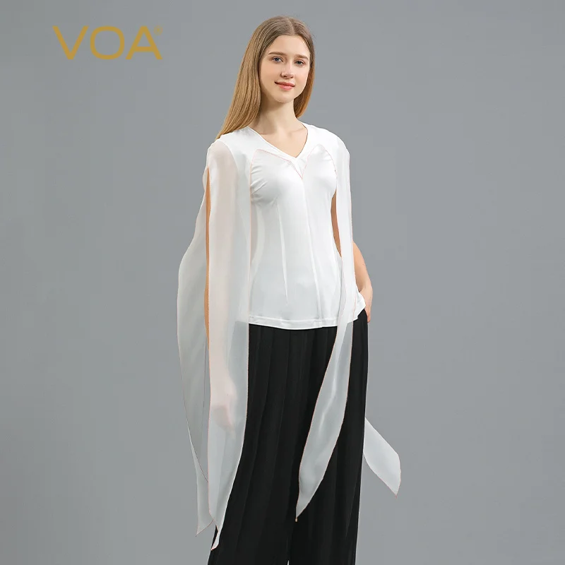 

VOA 33m/m Knitted Silk White V-Neck Short Sleeve Woman Tops Streamer Decorative Silk Craft Straight Silk T-shirt Female BE1025