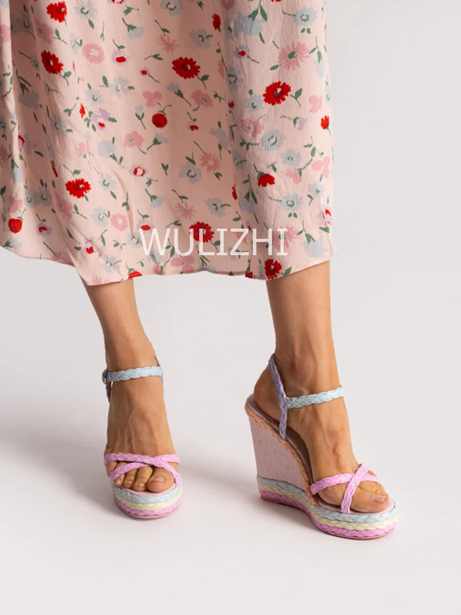 Women's Pink Woven Wood Pattern Wedge Sandals New Watermelon Color Open Slingback Platform Heels Cute Espadarille Fashion Shoes