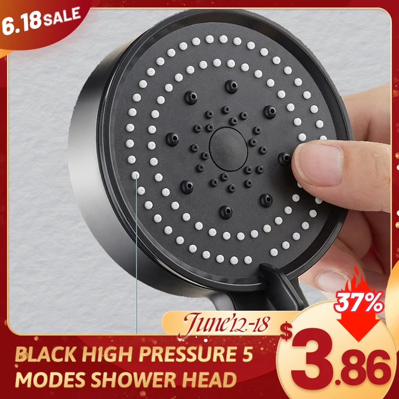 Zhangji 5 Modes Adjustable Black/Silver/Grey Bath Shower Head Head High Pressure Water Saving Showerhead Bathroom Accessories
