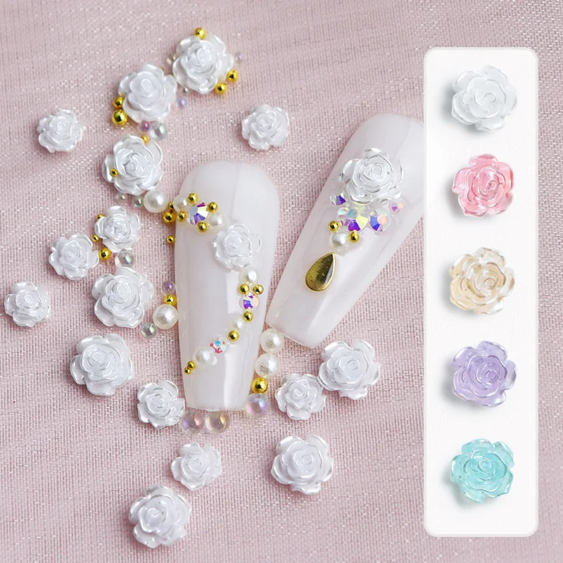 

50PCS/Pack Mixed 6MM 8MM Pearly-lustre Nail Camellia Flower Charms Accessories Nail Art Decoration Parts Mini Caviar Beads Pearl