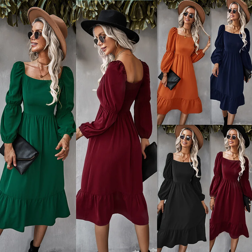 

Women Spring Autumn Fashion Square Collar Waist Retraction Long Sleeved Patchwork Temperament Elegant Casual Dresss Robe Dresss