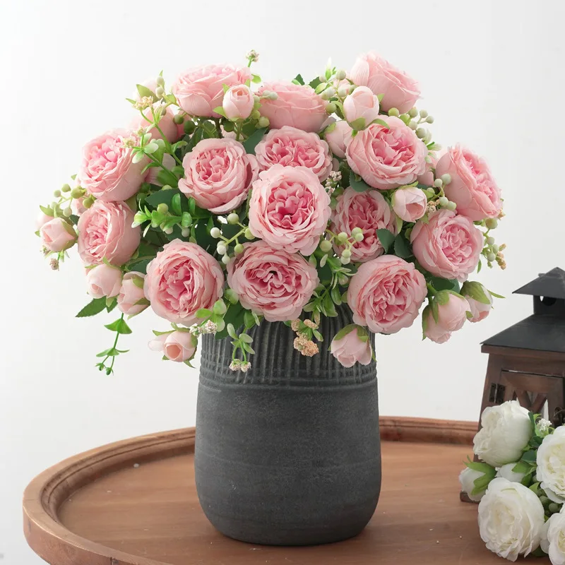 

Розовые шелковые пионы 30 см, искусственные цветы, букет из 5 больших и 4 бутонов роз, искусственные цветы для дома, свадебное украшение для по...