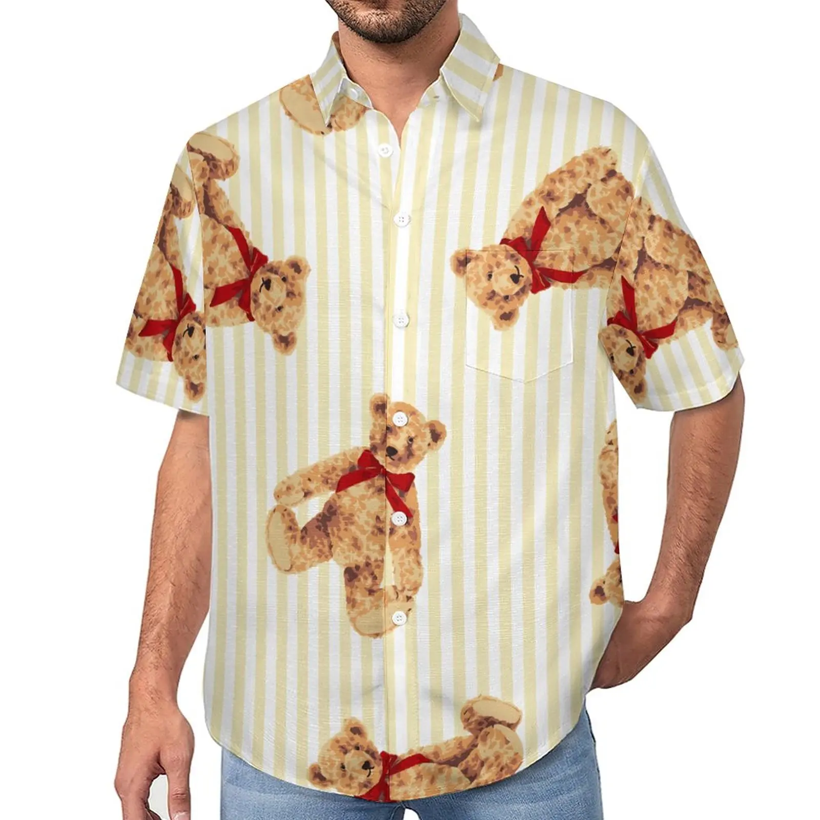 

Cute Bear Print Beach Shirt Funny Animal Hawaii Casual Shirts Man Street Style Blouses Short Sleeve Custom Clothing Plus Size