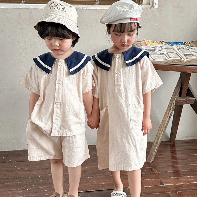 

Комплект летней детской одежды в морском стиле, хлопковая рубашка с коротким рукавом + шорты, платье для девочек, одежда для брата, сестры, одежда для маленьких мальчиков и девочек