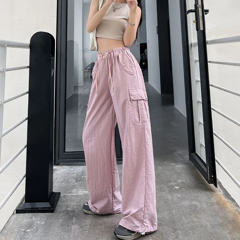 

Women High Waist Drawstring Cargo Pant Wide Leg Joggers Trousers Summer Solid Harajuku Baggy Pants Sweatpants Women Clothes Y2k