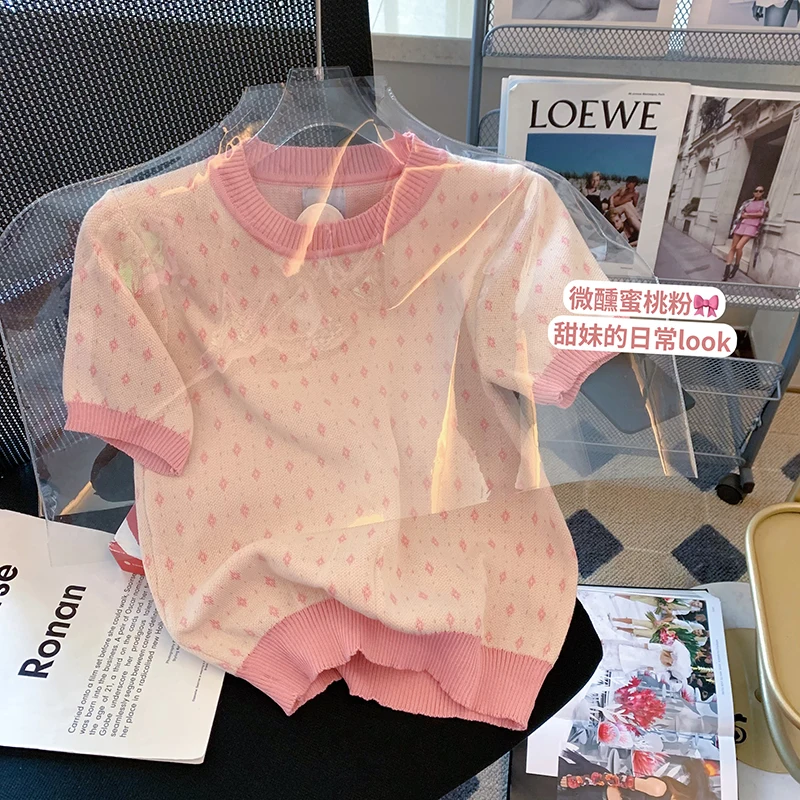 

Korean Print Puff Sleeve Short Sleeved Sweater Women Knitwear 2022 Summer New Sweet Chic Knit Top Woman Pink Sweaters Jumpers