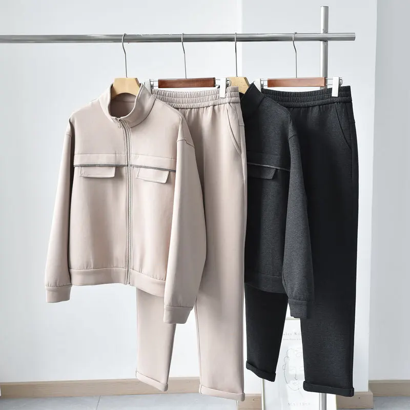 Combed Cotton Sports Suit Women Autumn Winter Stand Collar Cardigan Sweater Sweatpants Bead Chain Drawstring Camel Jacket Pants