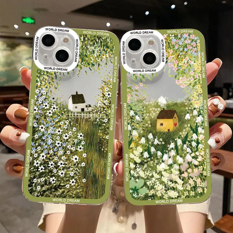 

Retro Rural Scenery Painted Clear Phone Case For iphone 7 8 Plus 14 12 13 11 Pro Max X XS XR Large Flower Fields Log Cabin Cover