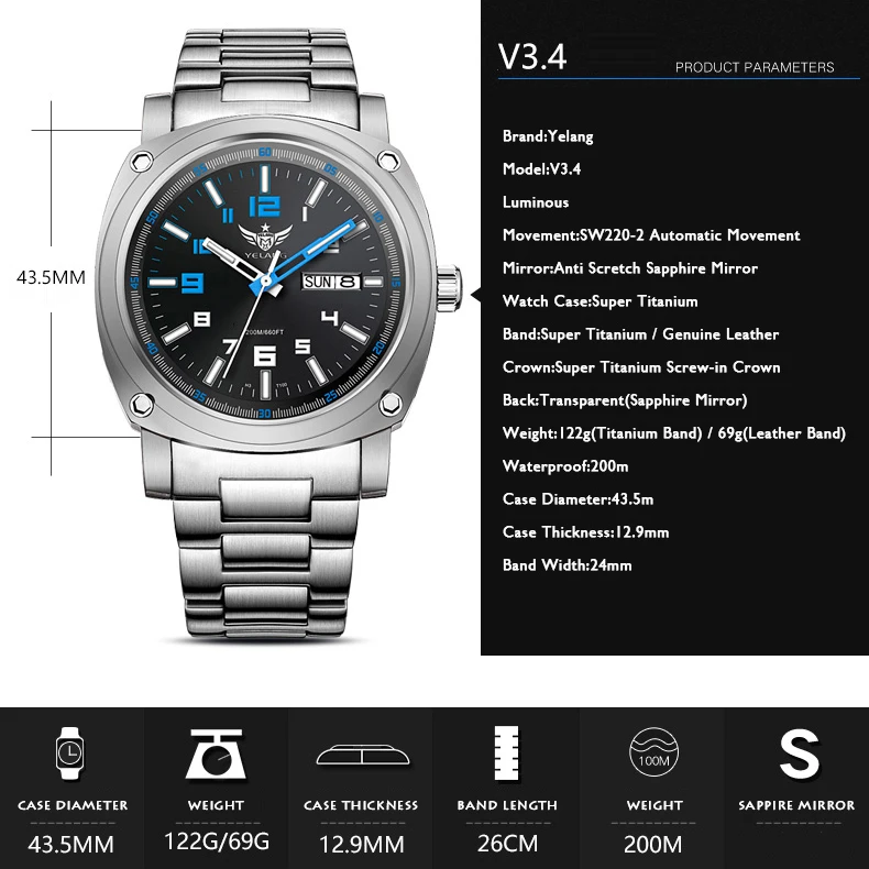 YELANG Мужские военные часы 43 5 мм Титановые спортивные автоматические механические