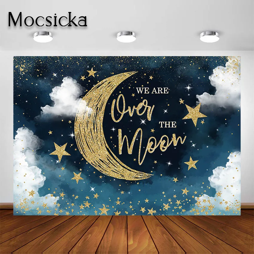 

Mocsicka We are Over The Moon Backdrop Moon and Stars Starry Night Celestial Baby Shower Party Decorations Photoshoot Background