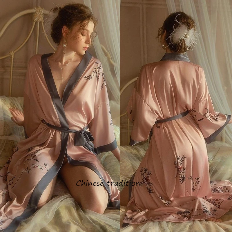 

Женское ночное белье, шелковый халат из вискозы, Женский пеньюар с цветочным принтом, домашняя одежда, кимоно, халат, одежда для сна большого размера, пикантное интимное белье