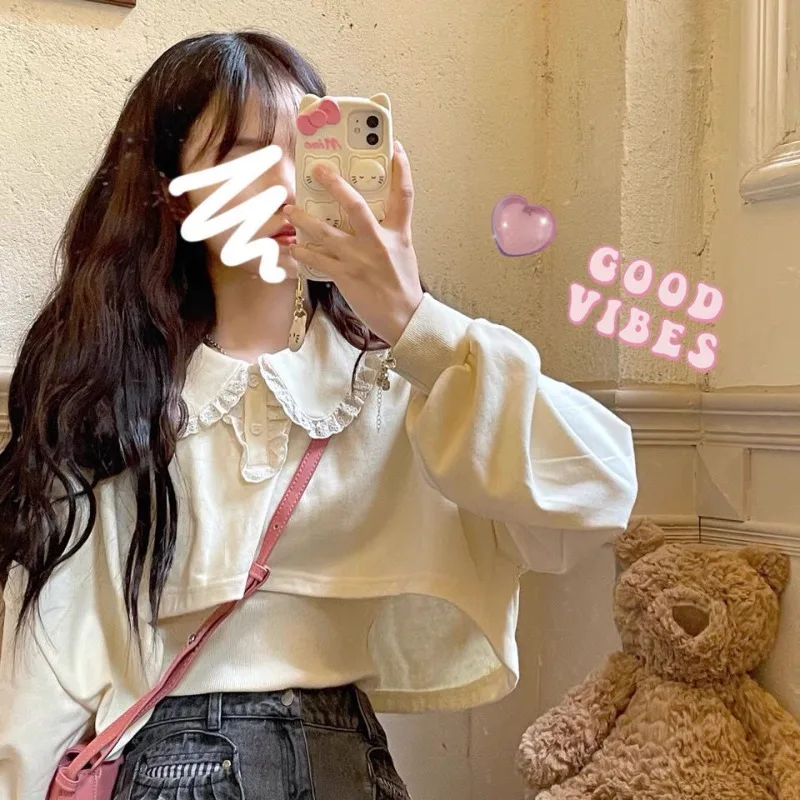 

Japnese Kawaii Lace Peter Pan Collar Preppy Style Hoodies Sweet Women Camis Sets Y2k Short Tops Tshirts Two Piece Sweatshirt