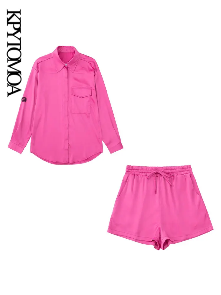 

KPYTOMOA Women Fashion Patch Pocket Oversized Satin Shirts And High Elastic Waist Drawstring Shorts Female Two Piece Sets Mujer